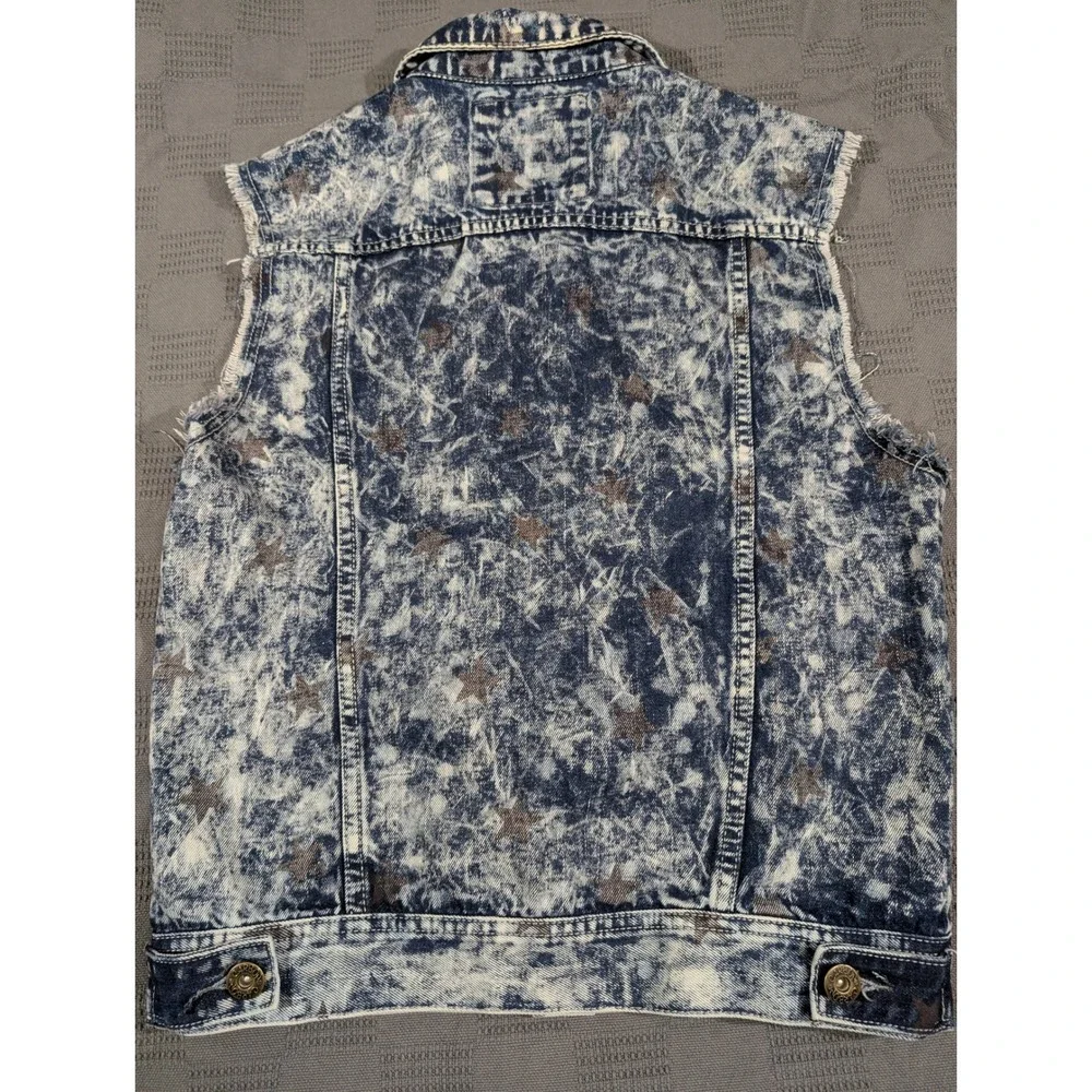 Carbon Mens Acid Wash Denim Vest Blue Brown Star Print Frayed Sleeveless Medium